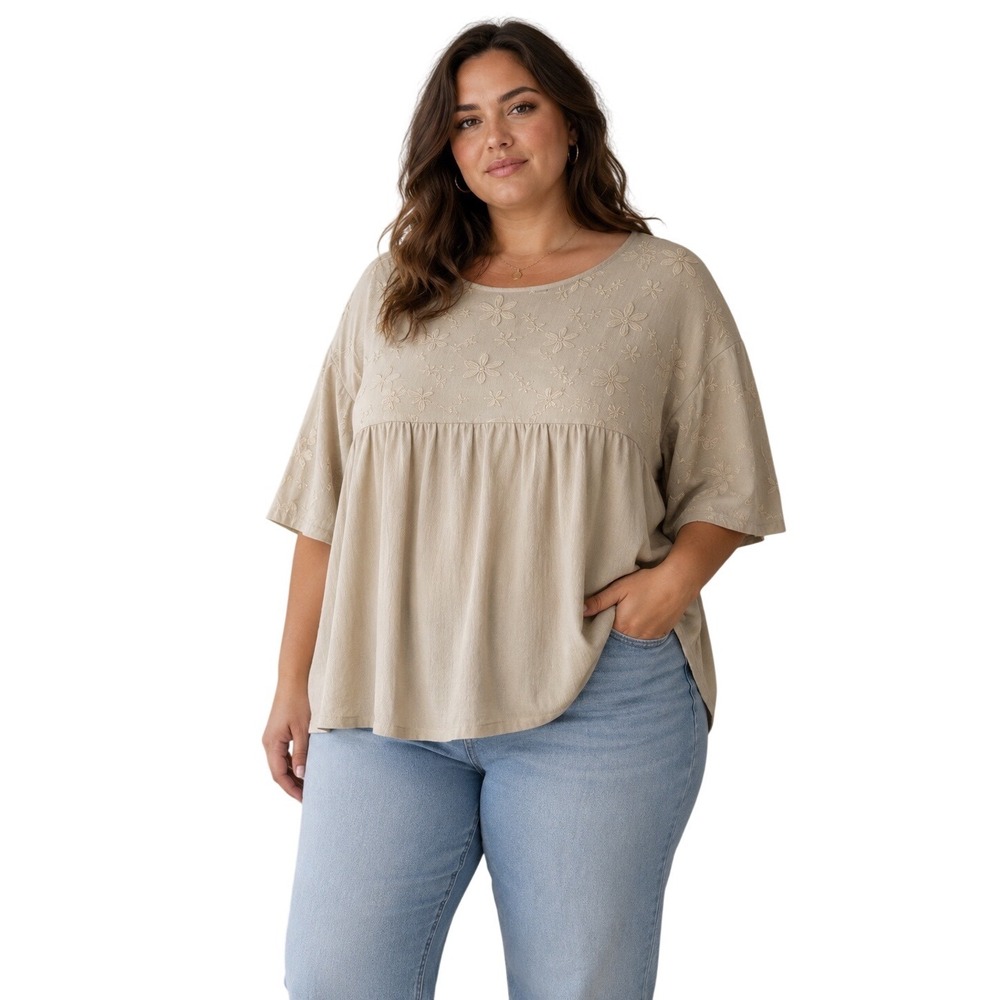 Floral Embroidered Babydoll Top Size XL Beige Cream Boho Oversized Blouse